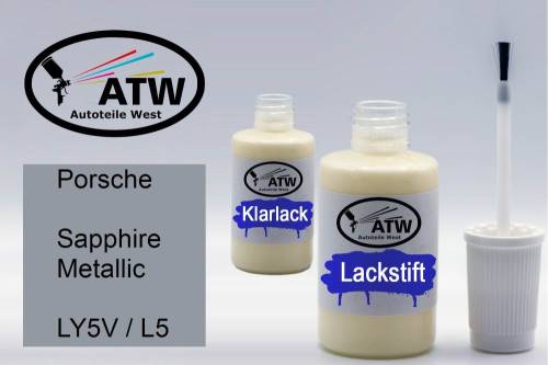 Porsche, Sapphire Metallic, LY5V / L5: 20ml Lackstift + 20ml Klarlack - Set, von ATW Autoteile West.